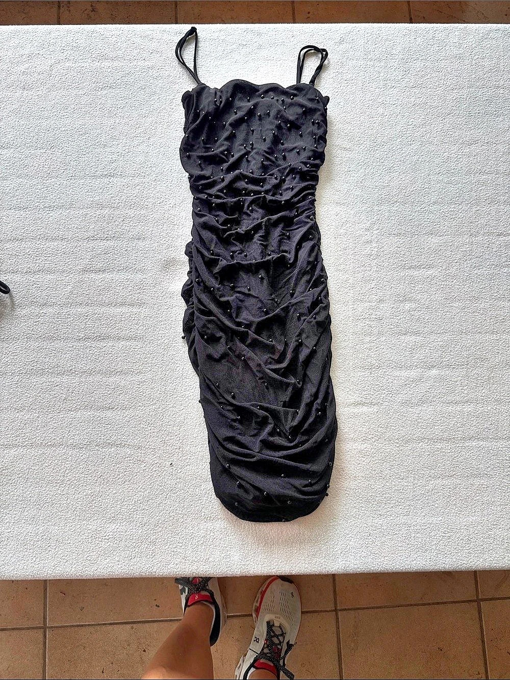 Ruched Studded Mini Dress in Black Like New
